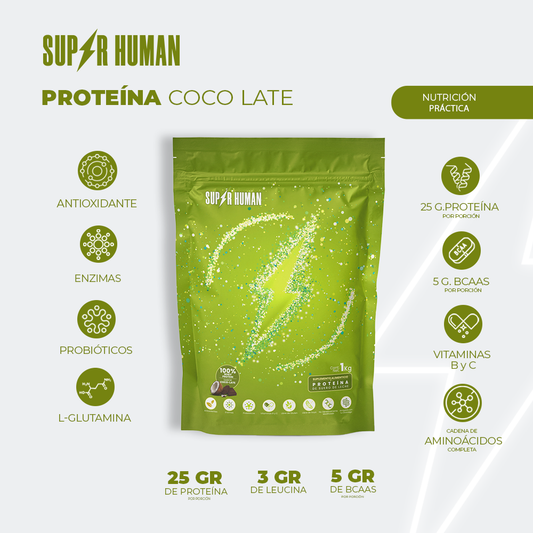 Proteína Coco-Late 1kg, 30gr por scoop, 33 servicios.